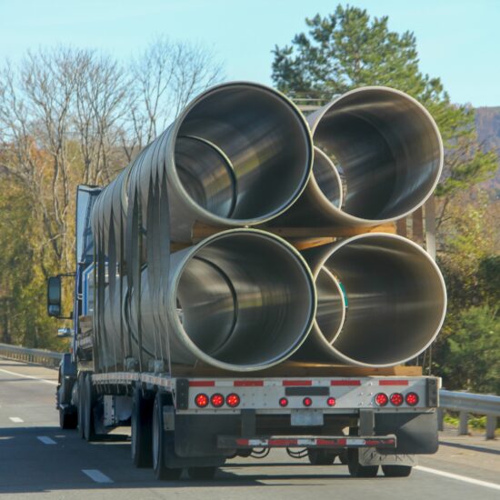 A flatbed truck carrying big size metallic cylinder pipes in the interstate.